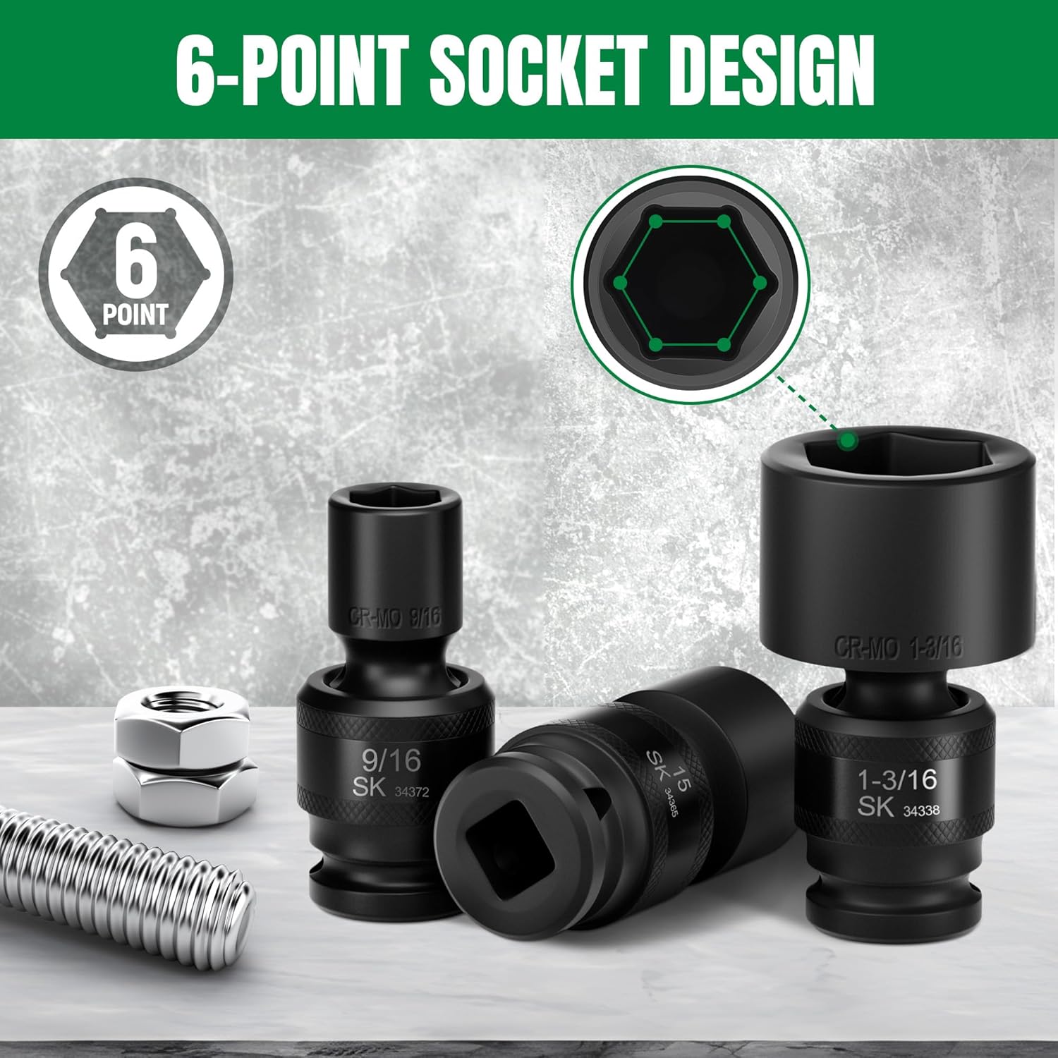 SK 1/2" Drive Universal Swivel Impact Socket Set, SAE Socket Set, 13-Piece, Premium CR-MO Steel, SureGrip 6 Point Design, with Storage Case