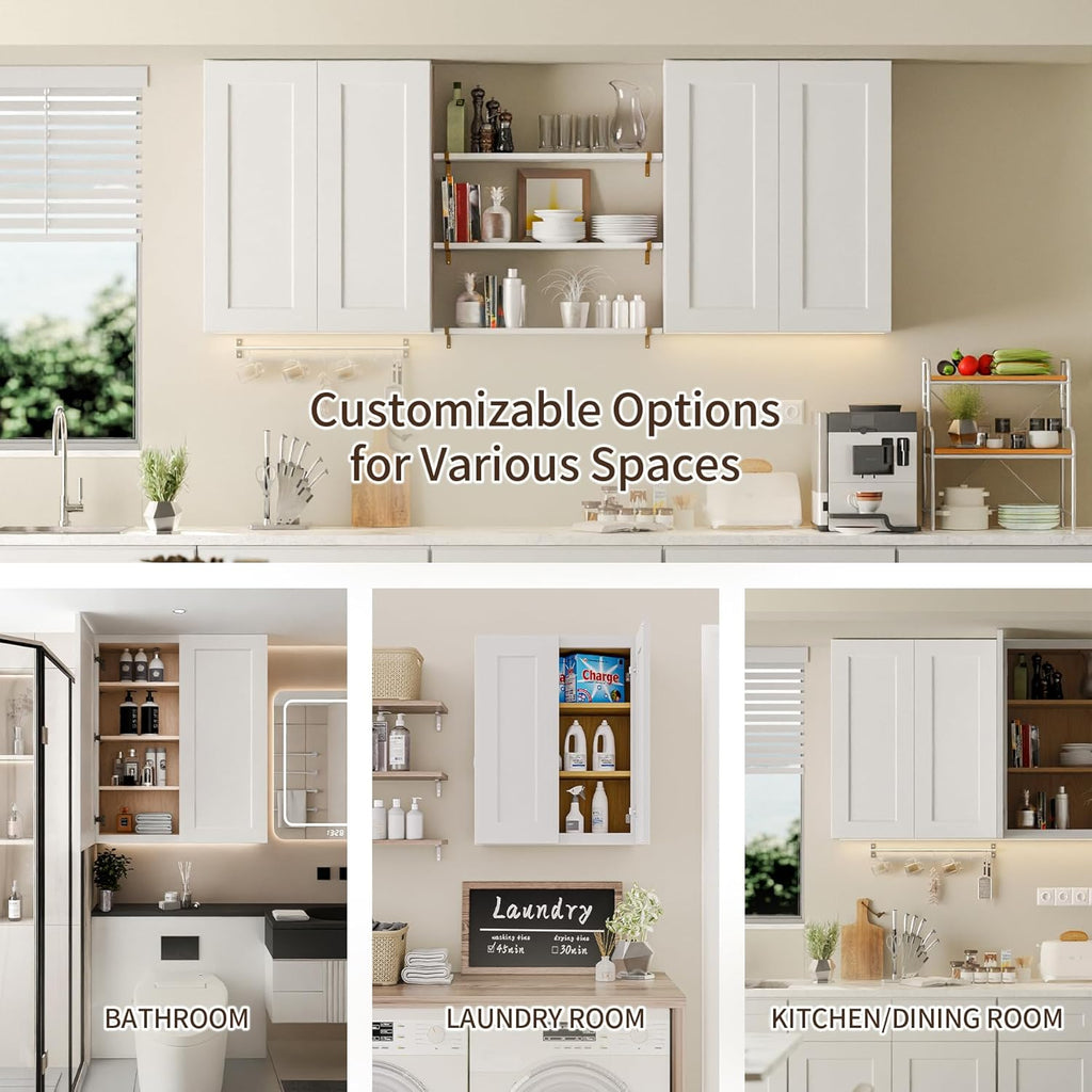 Solid Wood Kitchen Wall Cabinets, 24 Inch Wide Over The Toilet Storage Cabinet, Bathroom Organizer Cabinets with 2 Shaker Door & 3 Shelves, Easy Assembly for Dining Room, Laundry - White