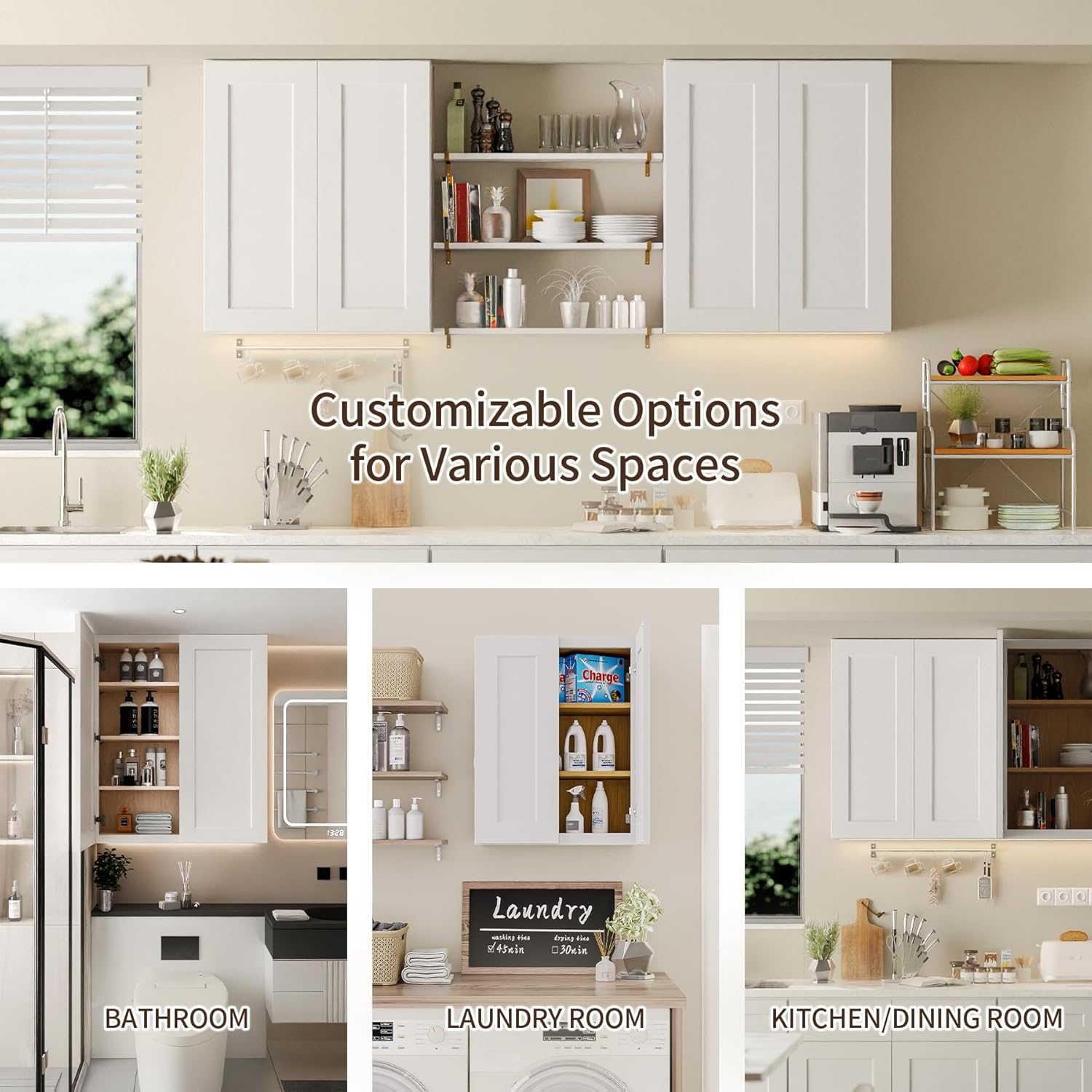 Solid Wood Kitchen Wall Cabinets, 24 Inch Wide Over The Toilet Storage Cabinet, Bathroom Organizer Cabinets with 2 Shaker Door & 3 Shelves, Easy Assembly for Dining Room, Laundry - White