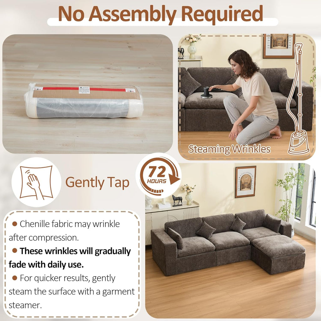 115''Cloud Boneless Sectional Couch, Modular Sectional Sofa Deep Seat with Ottoman, Oversized Upholstered Convertible Comfy 4 Seater Chenille Sofa L Shape Couches for Living Room, Brown