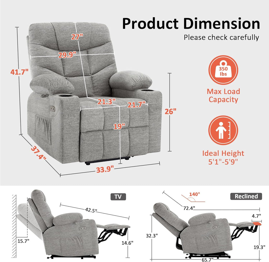 MCombo Power Lift Recliner Chair with Extended Footrest for Elderly People, Fabric 7287 (Light Grey, Medium)