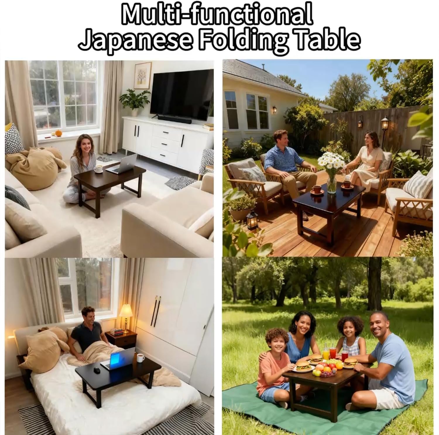 Japanese Folding Table Bamboo Japanese Floor Table Portable Solid Wood Folding Coffee Table,No Assembly Japanese Coffee Table for Sitting on The Floor,Easy Storage