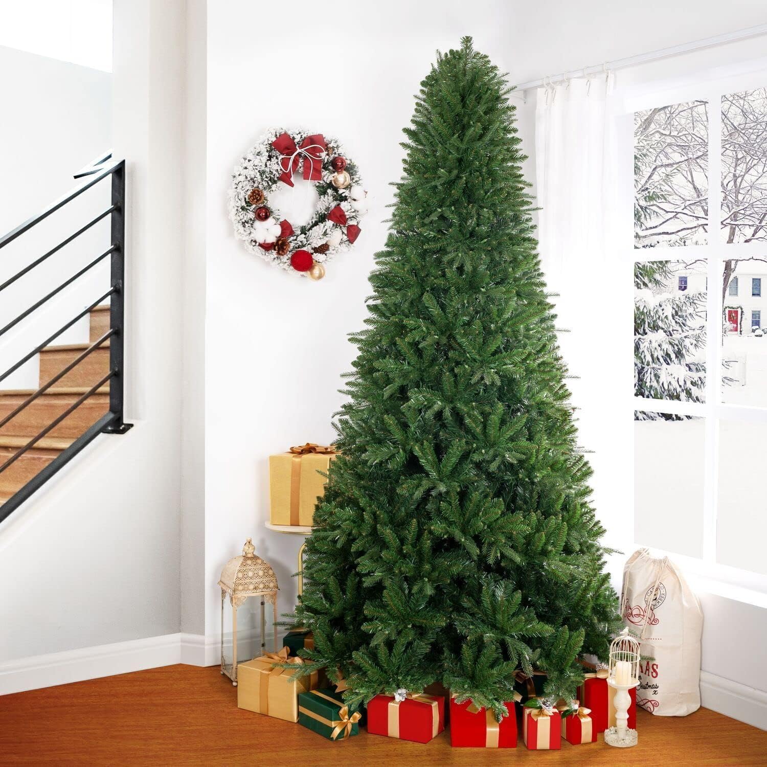 Naomi Home Traditional 7.5ft Prelit Artificial Christmas Tree with 1746 Branch Tips, 550 Warm Lights and Metal Stand, 52" Wide Realistic Fir Christmas Tree with Lights