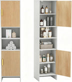 Tall Storage Cabinet, 13.15 Inch Narrow Bathroom Cabinet with USB Magnetic Light, Open Shelf, Magnetic Doors, 2 Adjustable Shelves, Anti-Tip Kit for Small Spaces, Living Room, White, 57.1" H