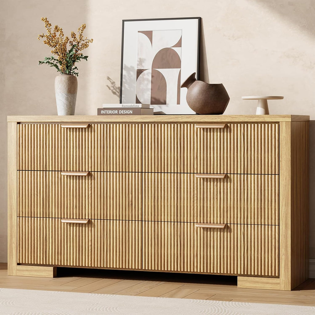 Fluted 6 Drawers Dresser for Bedroom, 54" Modern Chest of Drawers with Metal Handle, Wood Closet Clothes Storage Organizer for Living Room, Hallway, Entryway, Natural Oak