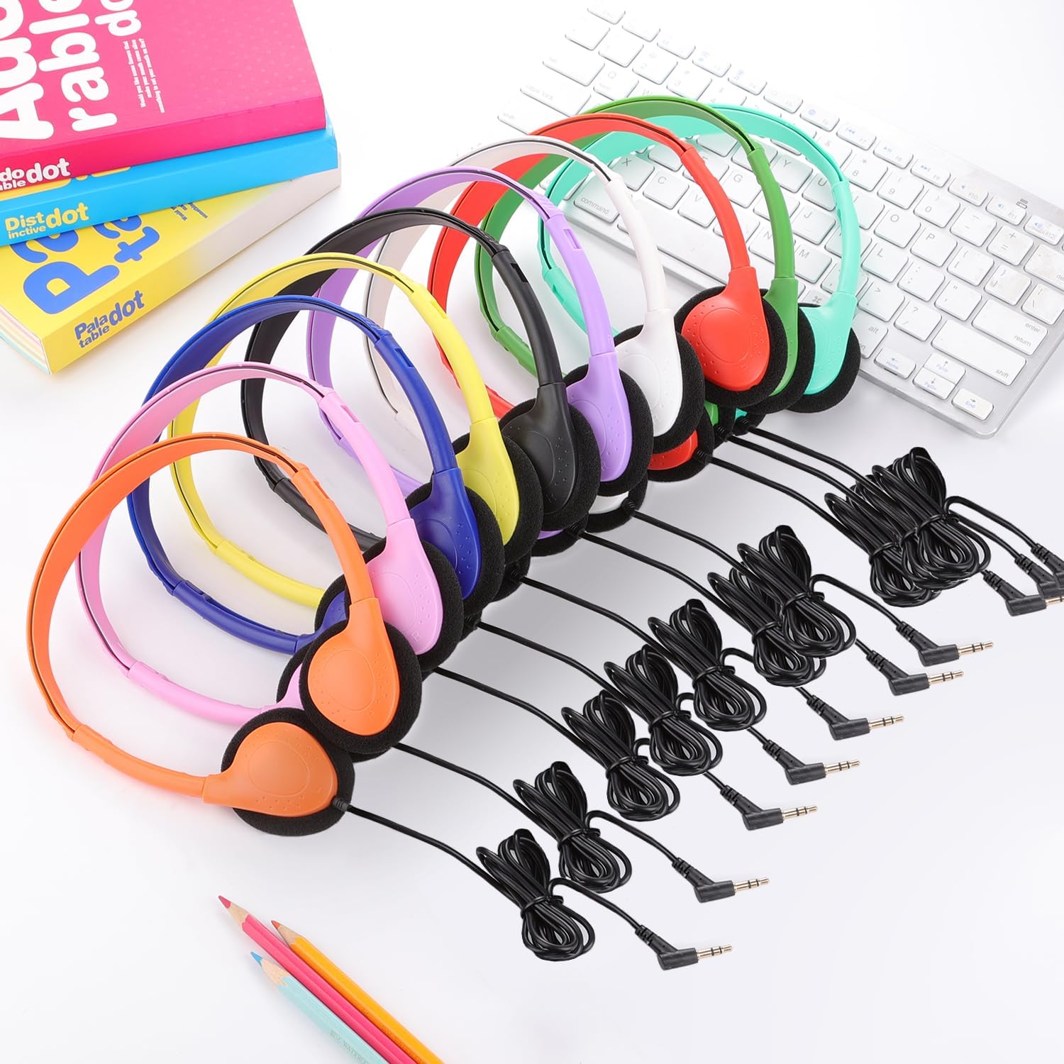 50 Pack Bulk Classroom Headphones for Kids Students School, Multi Color Wired Headphones for Children Teens Boy Girl, 3.5mm Jack for Chromebook Laptop PC