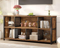 LVB Rustic Horizontal Bookshelf, Industrial Bookcase Cube Storage Organizer, Wide Large Metal Wooden Office Cube Shelf, Farmhouse Low Long Book Shelf for Home Bedroom Living Room, Rustic Brown, 63 in