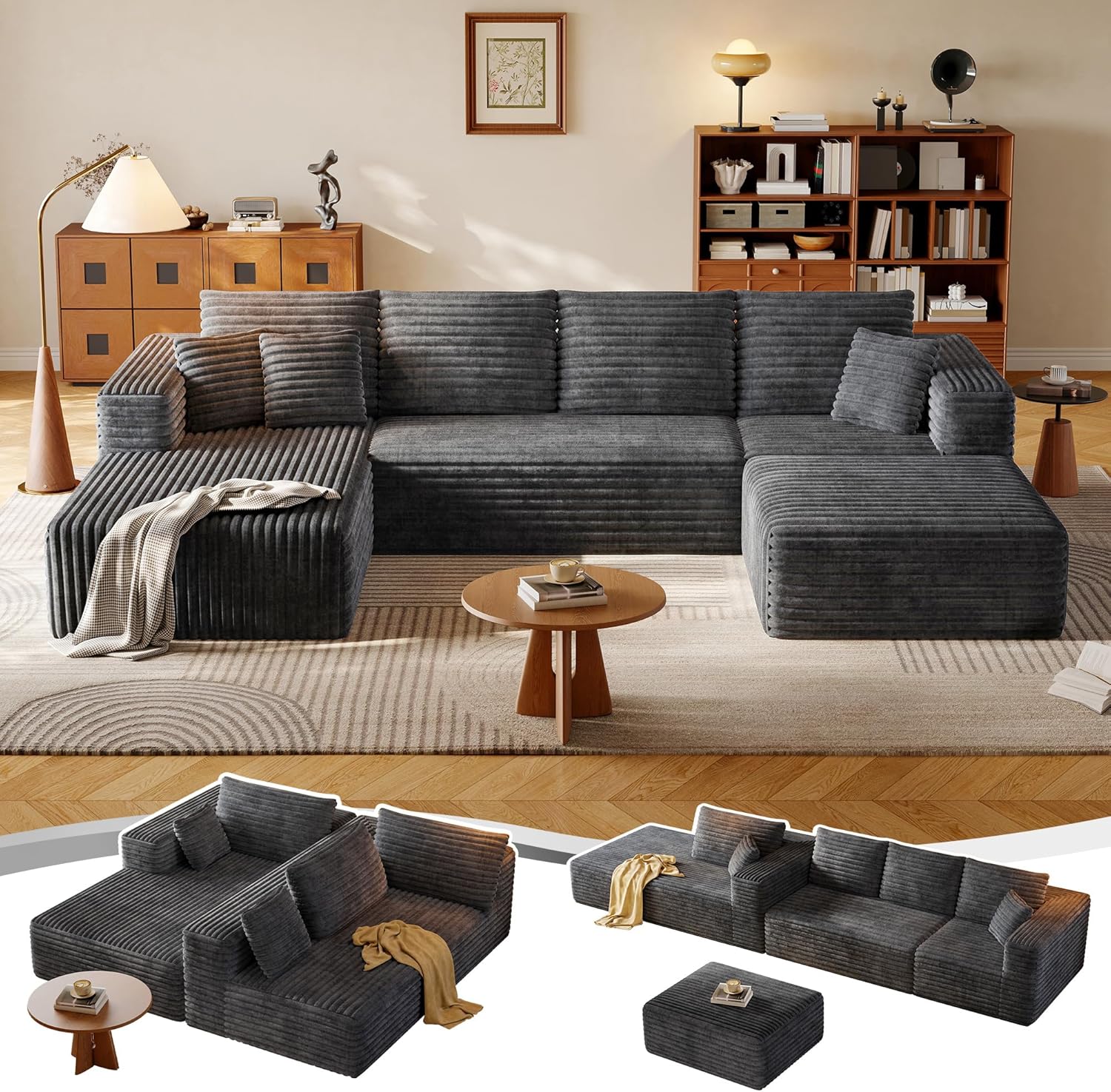 134.6" Modular Sectional Sofa with Deep Seat, Boneless U Shaped Corduroy Couch Modern Comfort, Cloud Couch Oversized for Living Room No Assembly (Gray)