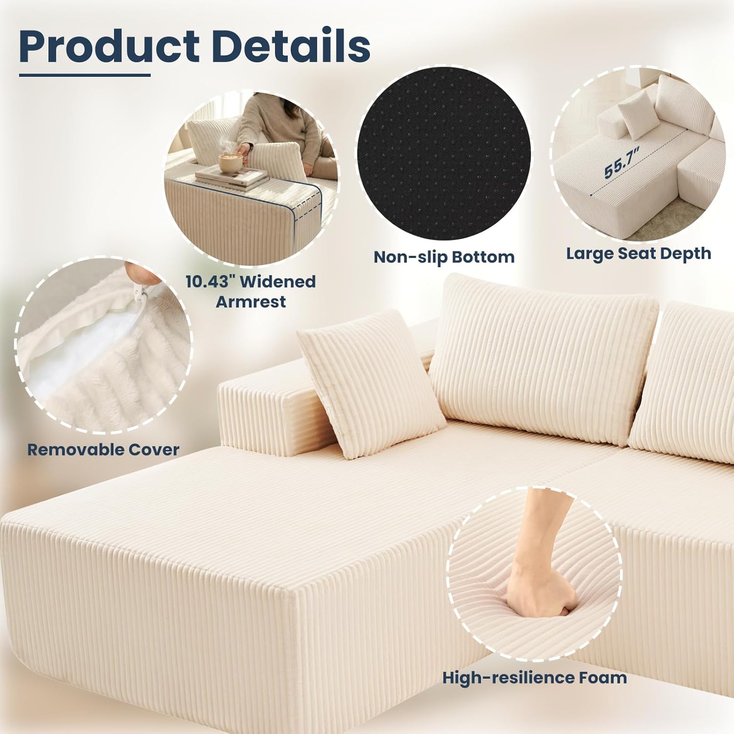 DUMOS 108" Boneless Couch, Cloud Sectional Couch with L-Shape Chaise, Modular Sectional Sofa with Deep Seat, Upholstered Couch for Living Room Bedroom, No Assembly Required (Beige, Left Facing Chaise)