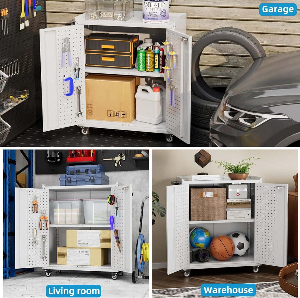 SUXXAN Storage Cabinet with Wheels and Pegboard, Rolling Garage Storage Cabinet with Locking Doors and Adjustable Shelf, Heavy Duty Steel Utility Cabinet for Home Office, Assembly Required