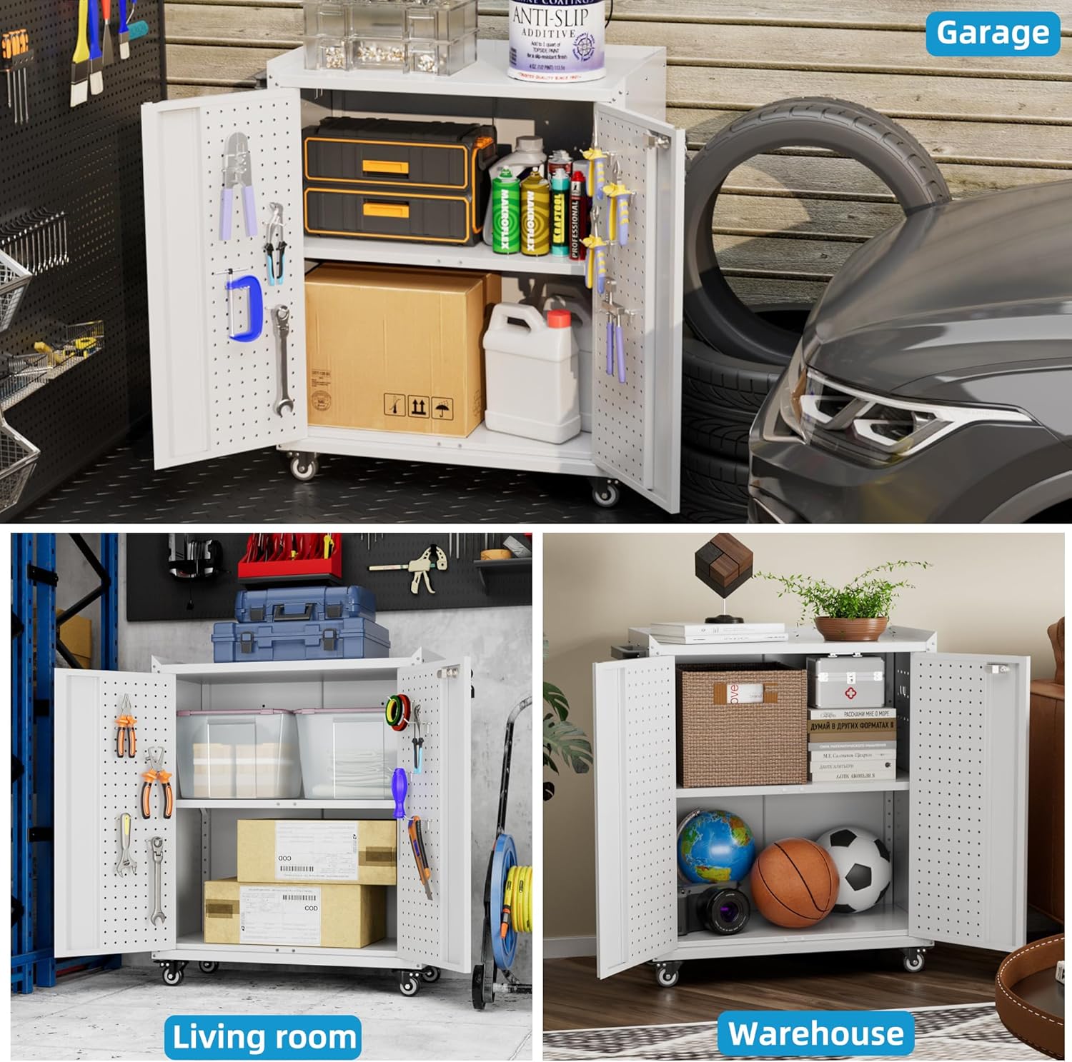 Aobabo Metal Garage Storage Cabinet on Wheels,2 Doors Storage Cabinet with Wheels for Garage,Assembly Required,White