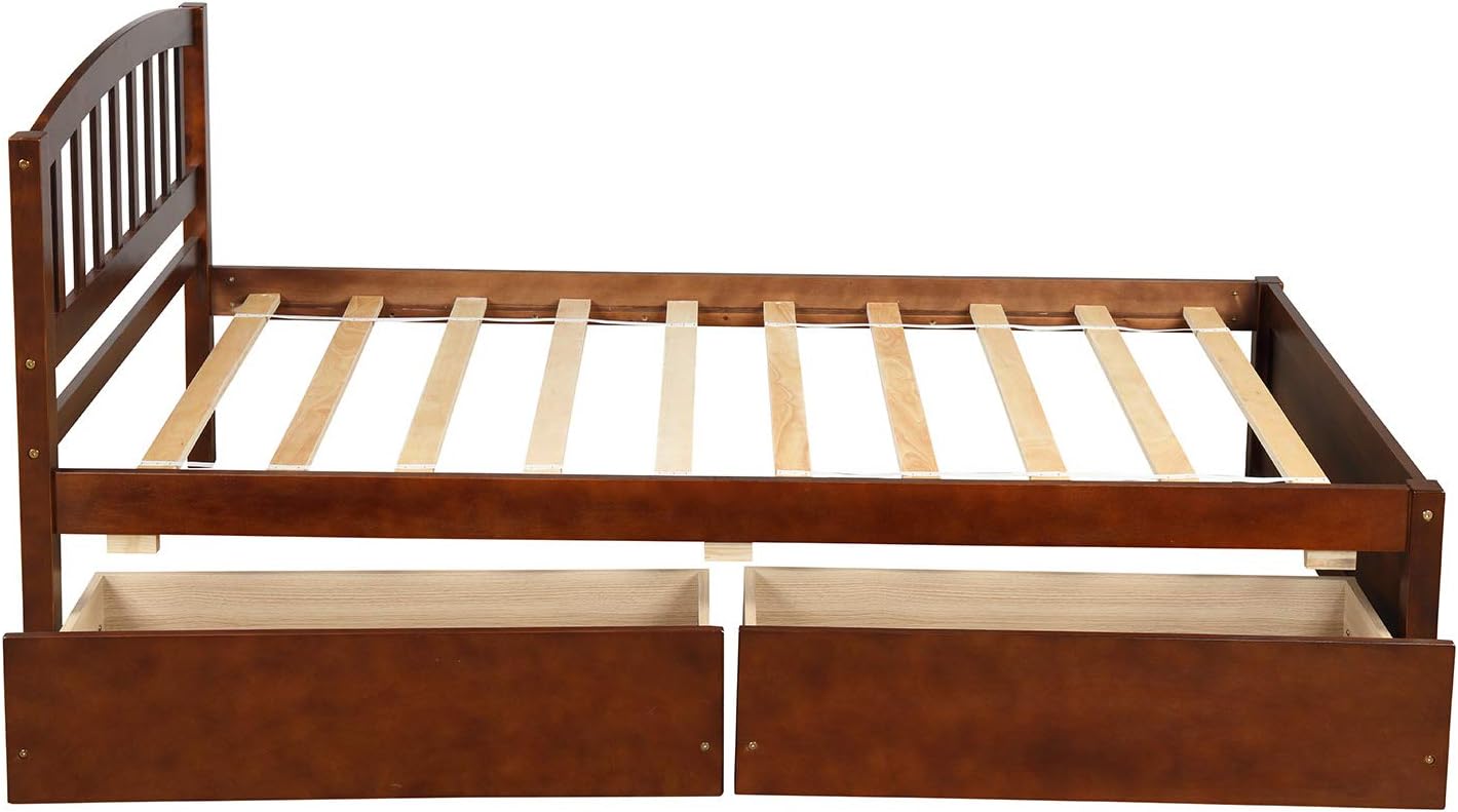 Harper & Bright Designs Twin Bed Frame with Storage, Wood Platform Bed with 2 Drawers and Headboard (Walnut)