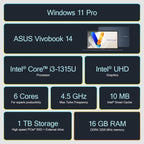 ASUS Vivobook Laptop 2025 Ultra Portable Business Computer  14" FHD Display  16GB RAM  1TB Storage (512GB SSD + 500GB Ext)  6-Core Intel i3-1315U  MarxsolAccessory  Win 11 Pro  Lifetime Office 2024