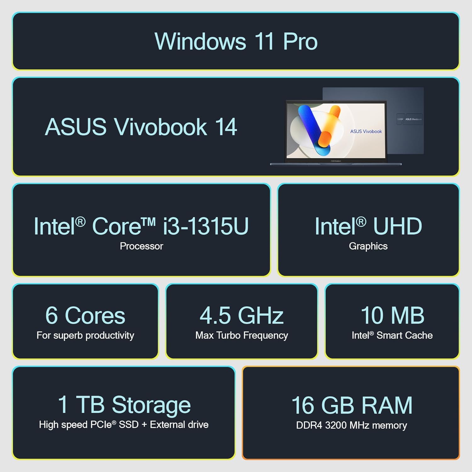 ASUS Vivobook Laptop 2025 Ultra Portable Business Computer  14" FHD Display  16GB RAM  1TB Storage (512GB SSD + 500GB Ext)  6-Core Intel i3-1315U  MarxsolAccessory  Win 11 Pro  Lifetime Office 2024