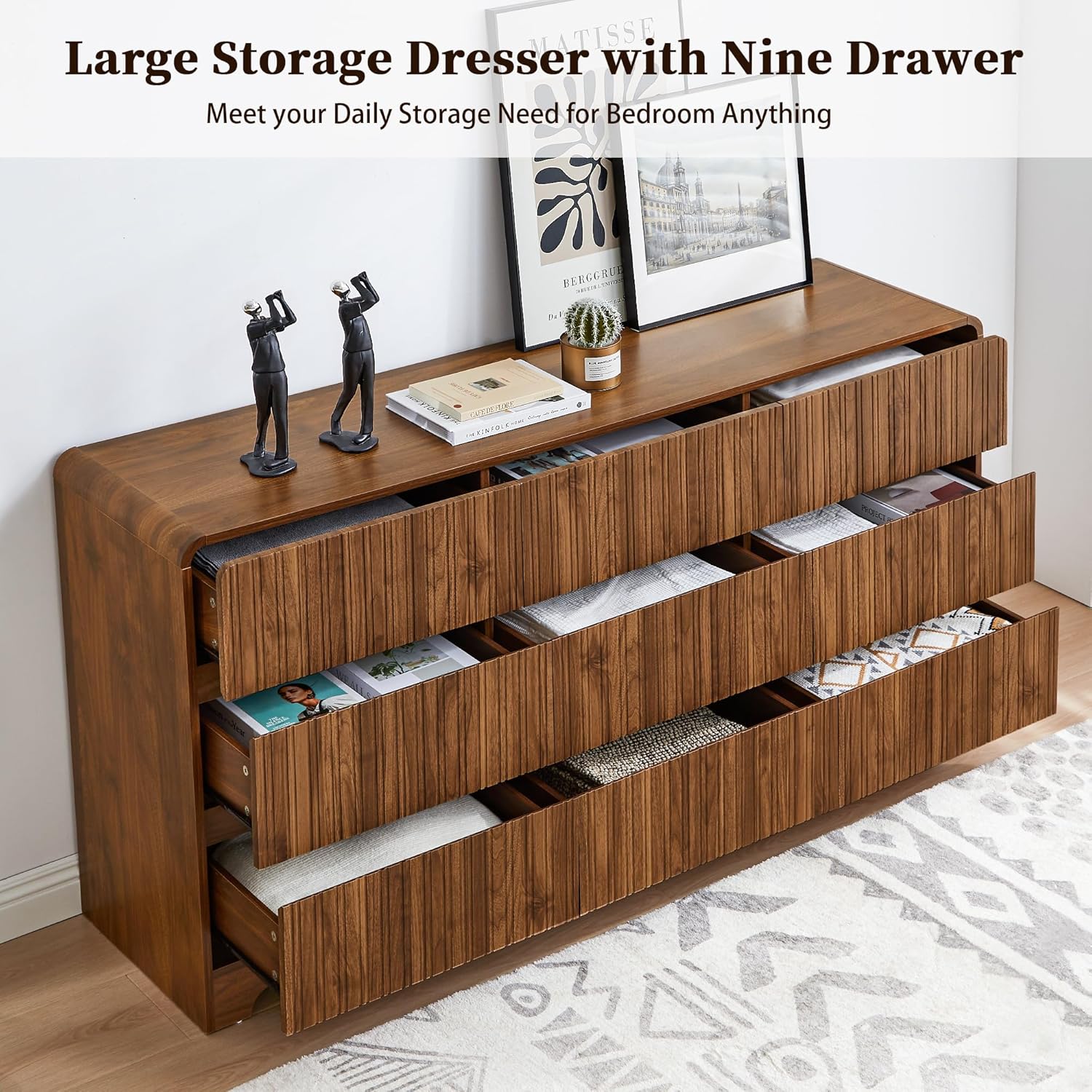 MERRYBERRY Fluted Dresser for Bedroom with 9 Drawers,63" Wide Modern Chest of Drawers with Curved Profile & Deep Drawer,Large Wood TV Dresser for Bedroom Living Room