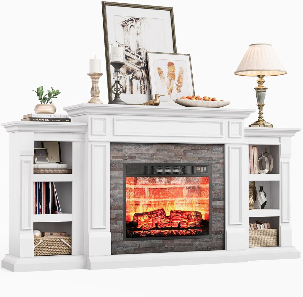 LGHM 72" Electric Fireplace with Mantel, Fireplace TV Stand for TVs Up to 80 Inch, Modern Entertainment Center with Storage, Fireplace Heater Insert with Realistic 3D Flame for Living Room