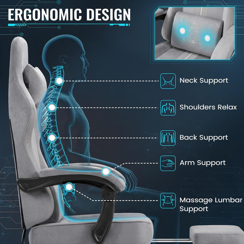 Homall Gaming Chair with Massage & Footrest, Ergonomic Computer Office Chair, High-Back Racing Style Reclining Chair with Adjustable Lumbar Support, Breathable Tech Fabric for Adults (Light Grey)