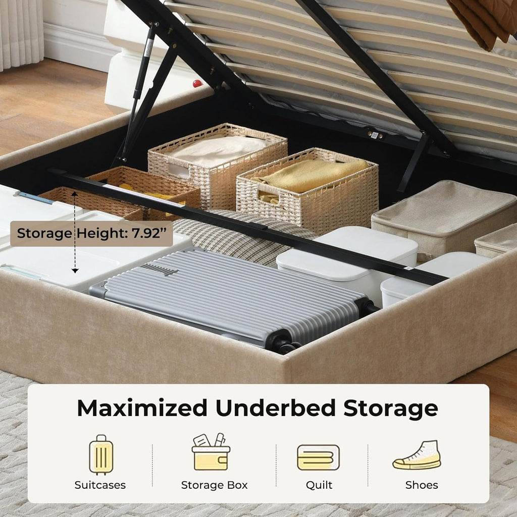 Queen Size Lift Up Storage Bed, Upholstered Platform Bed Frame with Storage Underneath, 51.6'' Tall Vertical Channel Tufted Headboard, Linen-Textured, Hydraulic Support, No Box Spring Needed, Beige