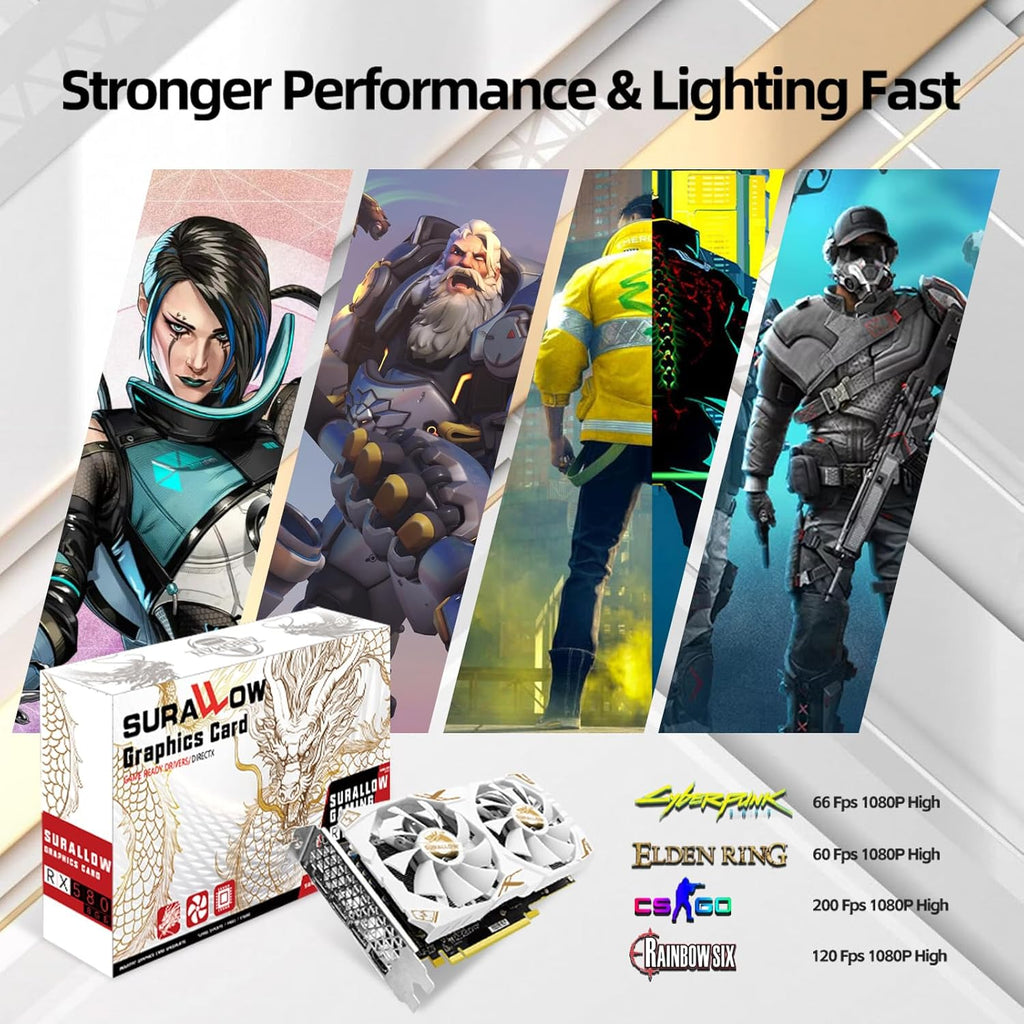 SURALLOW RX 580 8GB Graphics Card, 2048SP,GDDR5,256 Bit Graphics Card for Gaming PC,PCIE 3.0,Twin Freeze Fans Computer Video Card with HDMI/DP/Ports