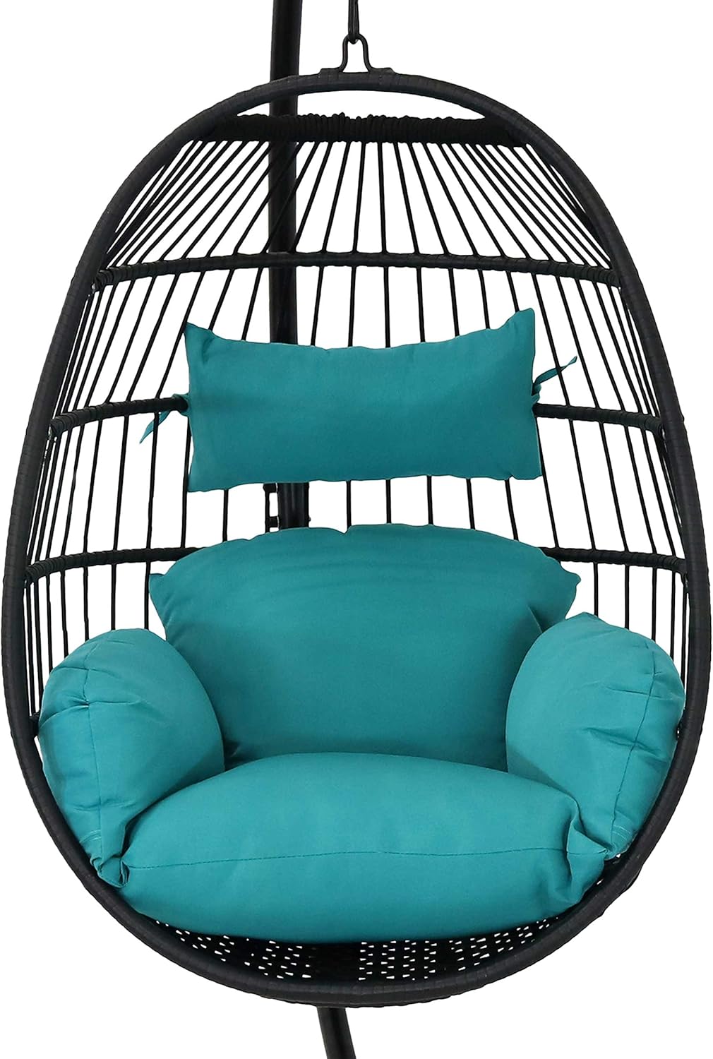 Sunnydaze Dalia Resin Wicker Hanging Egg Chair with - Teal Polyester Cushions and Powder-Coated Steel Stand - 81 Inches H
