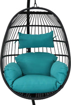 Sunnydaze Dalia Resin Wicker Hanging Egg Chair with - Teal Polyester Cushions and Powder-Coated Steel Stand - 81 Inches H
