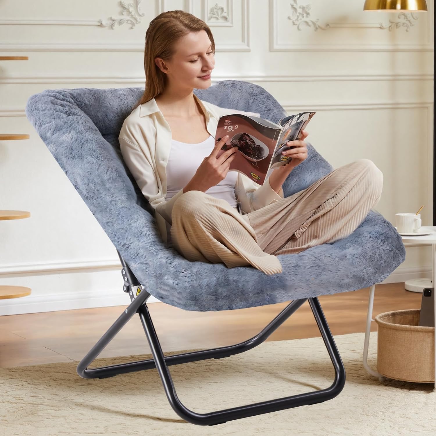 DUMOS Comfy Chair for Adults, Soft Faux Fur Folding Lounge for Bedroom Living Room Dorm Rooms Flexible Reading Chair for Teens, Large Size Foldable (Square-Gray)