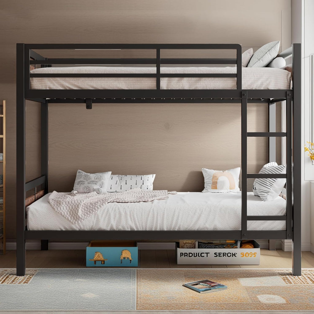 Bunk Bed Twin Over Twin, Heavy Duty Metal Bunkbeds with Full-Length Guardrail, Space-Saving Steel Bed for Kids & Adults, No Box Spring Required, Rustic Brown