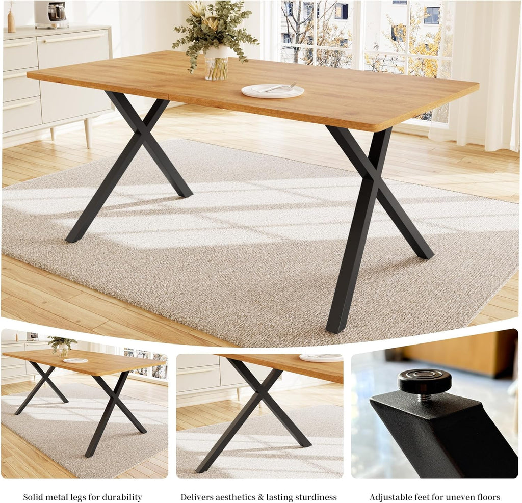 7-Piece Dining Table Set for 6 People, 63" MDF Kitchen Table with 6 Upholstered Chairs, Metal Legs for Dining Room, Kitchen(Oak Table+6 U-Shaped Black Chairs)