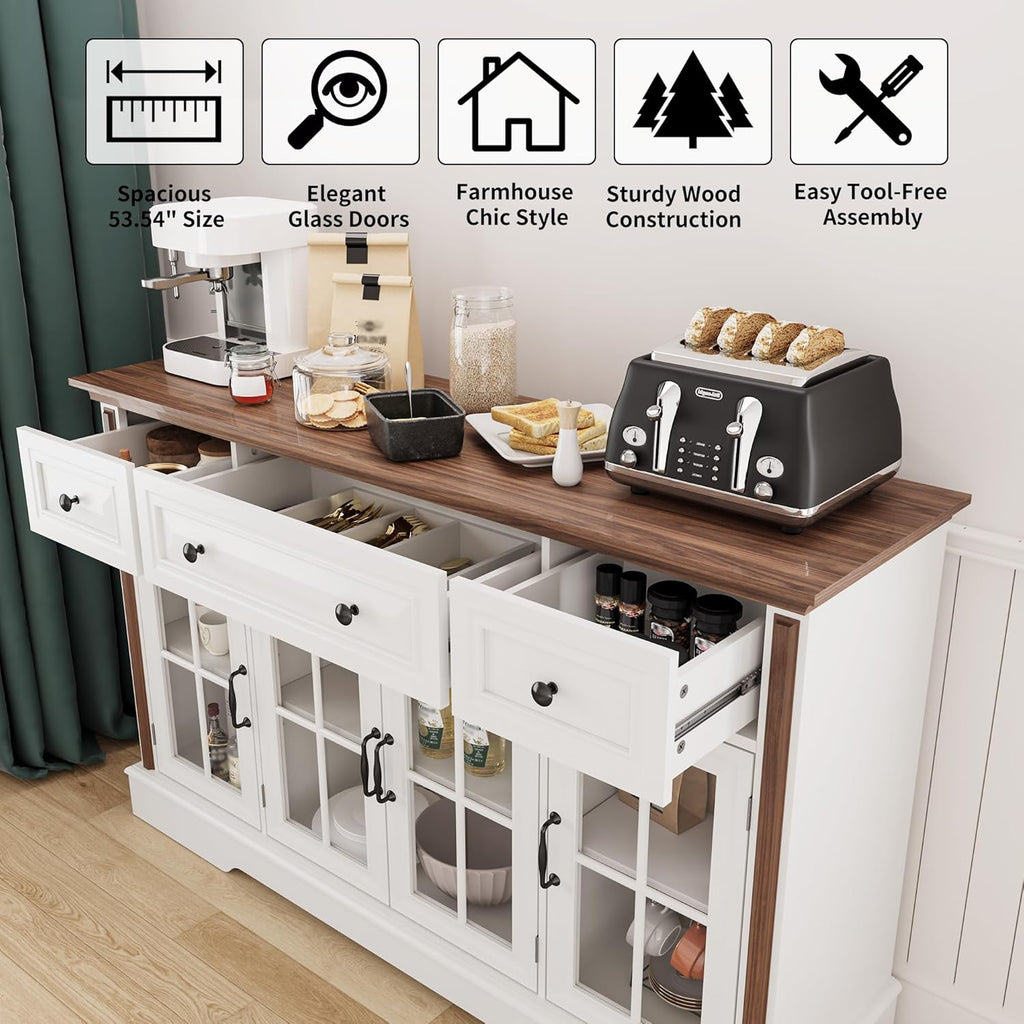 Sideboard Buffet Cabinet with Storage and Glass Doors,4-Door Cabinet with 3 Drawers,53.5" Farmhouse Modern Sideboard with Adjustable Shelves,Coffee Bar Cabinet for Kitchen & Dining Room,White