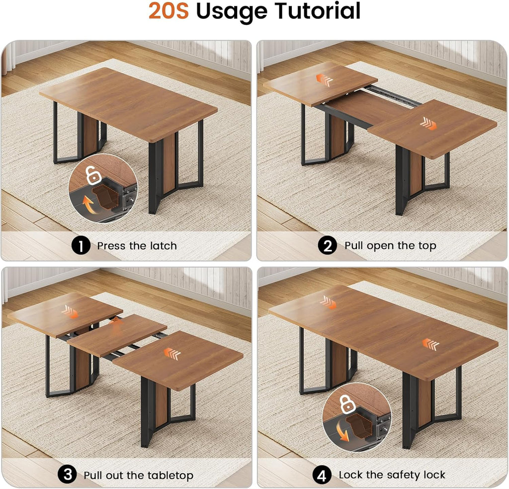 Itaar 5-Piece Dining Table Set for 4-6 People, 63" Extendable Kitchen Table and 4 Cushion Chairs, Dining Room Table with MDF Board & Metal Frame for Small Space, Easy Clean, Brown