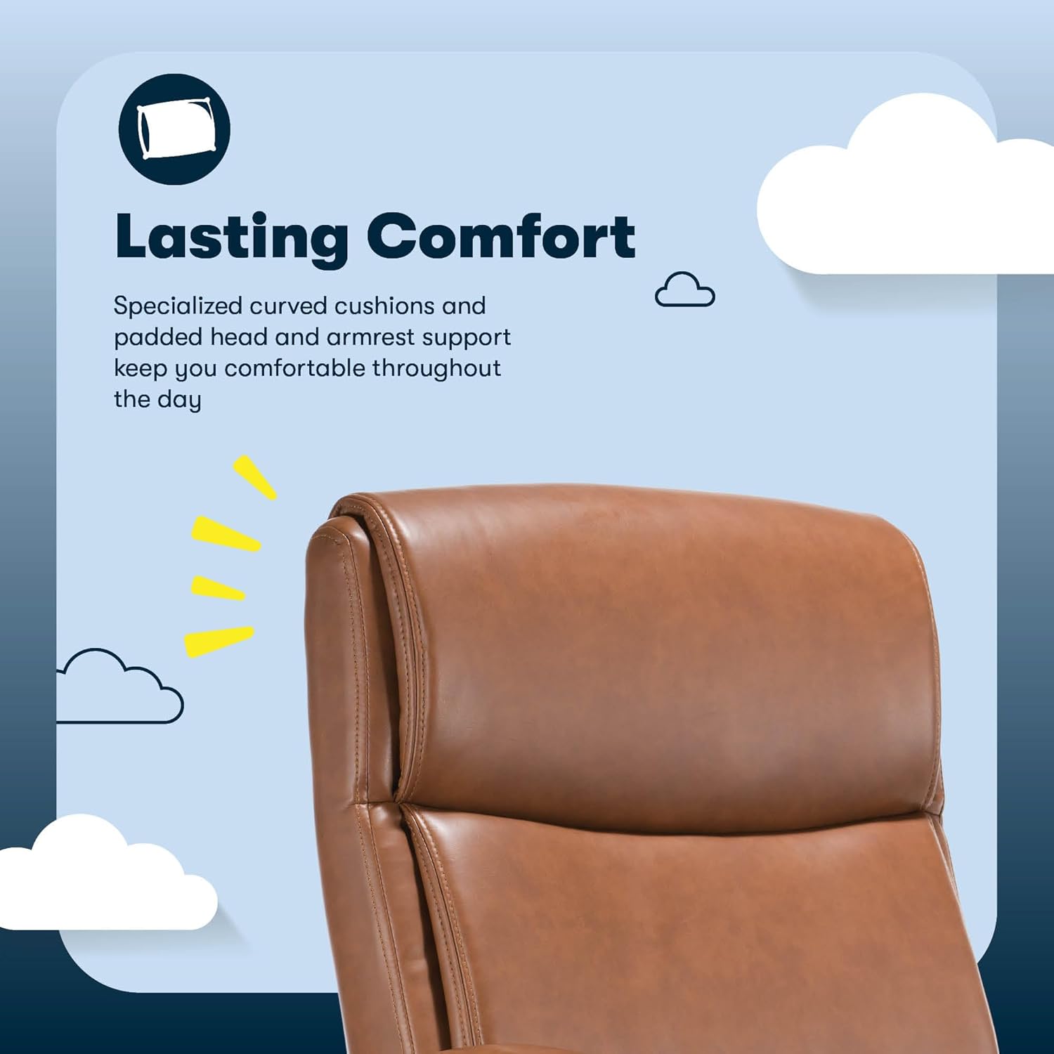 Serta Comfort Ergo Executive Office Chair, Ergonomic Mid-Back Design with Lumbar Support, Semi-Plush Double-Layer Seat Cushion, Padded Armrests, Swivel Metal Base, Bonded Leather, Cognac