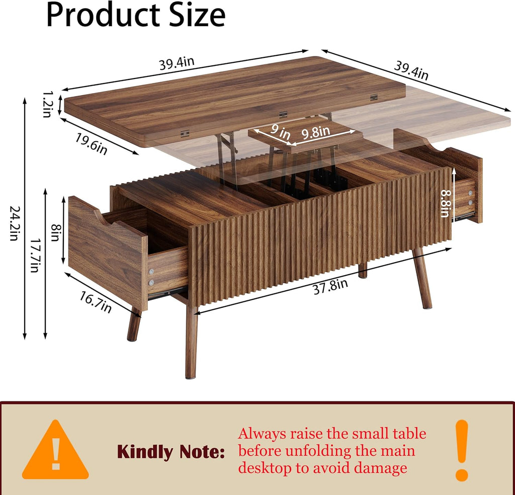 40" Lift Top Coffee Table, 4 in 1 Multi-Function Coffee Tables with Storage Drawers and Lift Tabletop, Mid Century Modern Dining Table Fluted Center Table for Living Room, Walnut