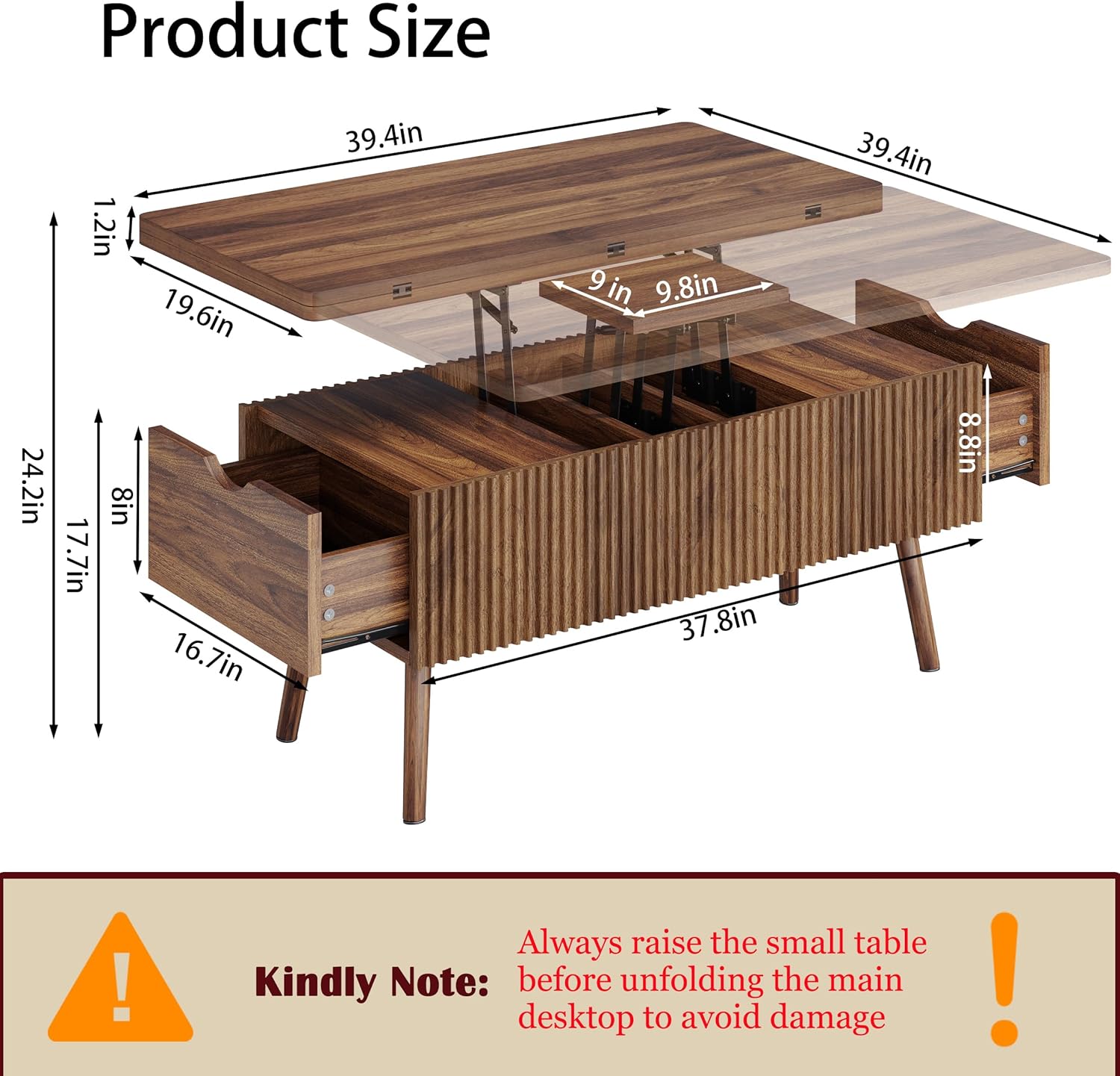 40" Lift Top Coffee Table, 4 in 1 Multi-Function Coffee Tables with Storage Drawers and Lift Tabletop, Mid Century Modern Dining Table Fluted Center Table for Living Room, Walnut