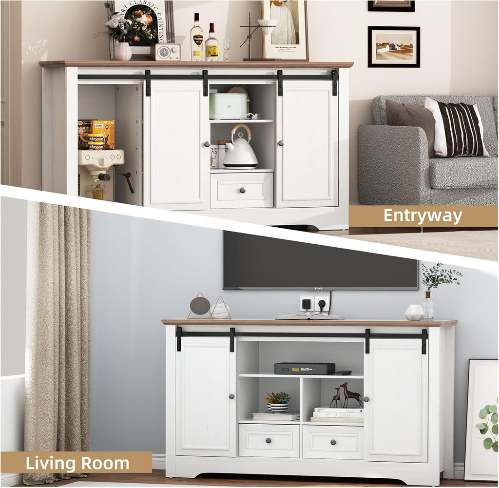 Farmhouse TV Stand for 60 Inch TV, 30" Tall Entertainment Center with 2 Drawers & Sliding Barn Door, Rustic Media Console with Storage Shelves, 55" Wood Television Stand for Living Room, White