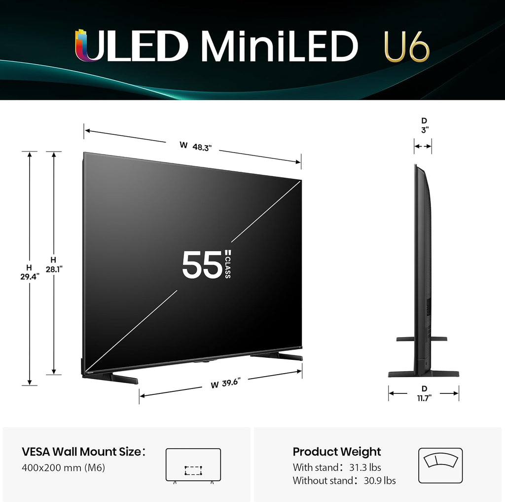 Hisense 55" Class U6 Series Mini-LED 4K UHD Smart Fire TV (55U65QF  2025 Model) - QLED  Native 144Hz  HDR10+  Dolby Vision IQ  Dolby Atmos  Game Mode Pro  ALLM  Alexa Built in  Black
