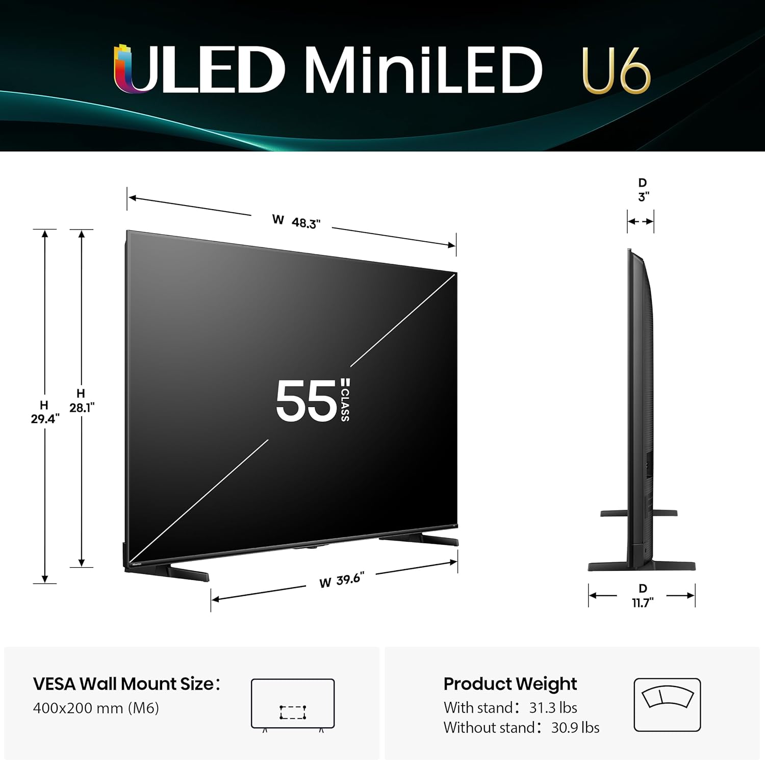 Hisense 55" Class U6 Series Mini-LED 4K UHD Smart Fire TV (55U65QF  2025 Model) - QLED  Native 144Hz  HDR10+  Dolby Vision IQ  Dolby Atmos  Game Mode Pro  ALLM  Alexa Built in  Black