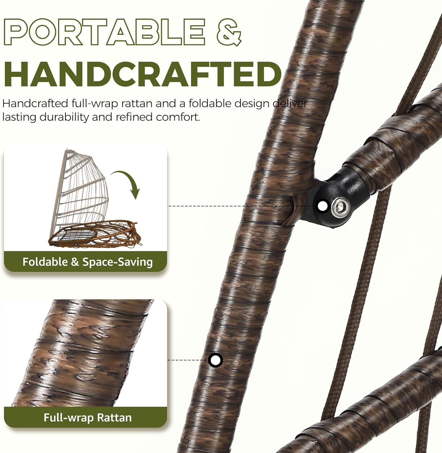 RADIATA Outdoor Hanging Egg Chair Without Stand, Foldable Wicker Rattan Ceiling Swing Chair with Padded Cushion, 350Lbs Heavy-Duty Egg Shell Hammocks for Tree Patio Balcony Garden Indoor, Brown