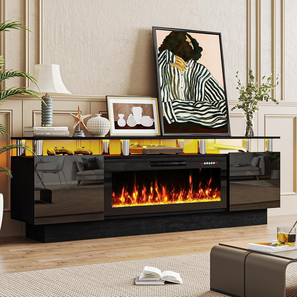 70" Modern Fireplace TV Stand with 36" Electric Fireplace for TVs Up to 80 inch, Luxury LED Light Entertainment Center with High Gloss Cabinet, TV Consoles for Living Room, Black