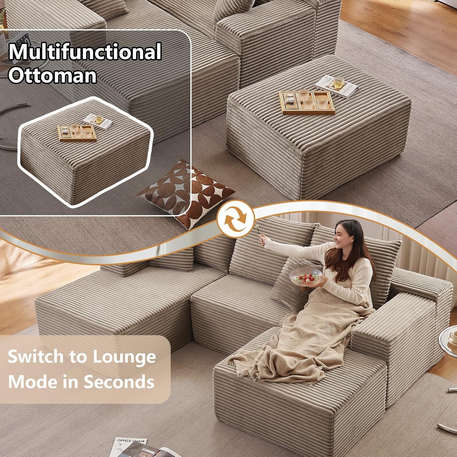 107" Modular Sectional Sofa with Ottoman, Modern Corduroy Cloud Couch with Deep Seat, Boneless Couch Upholstered 3-Seater U-Shaped Sofa for Living Room, No Assembly (Camel, Left-Facing Chaise)