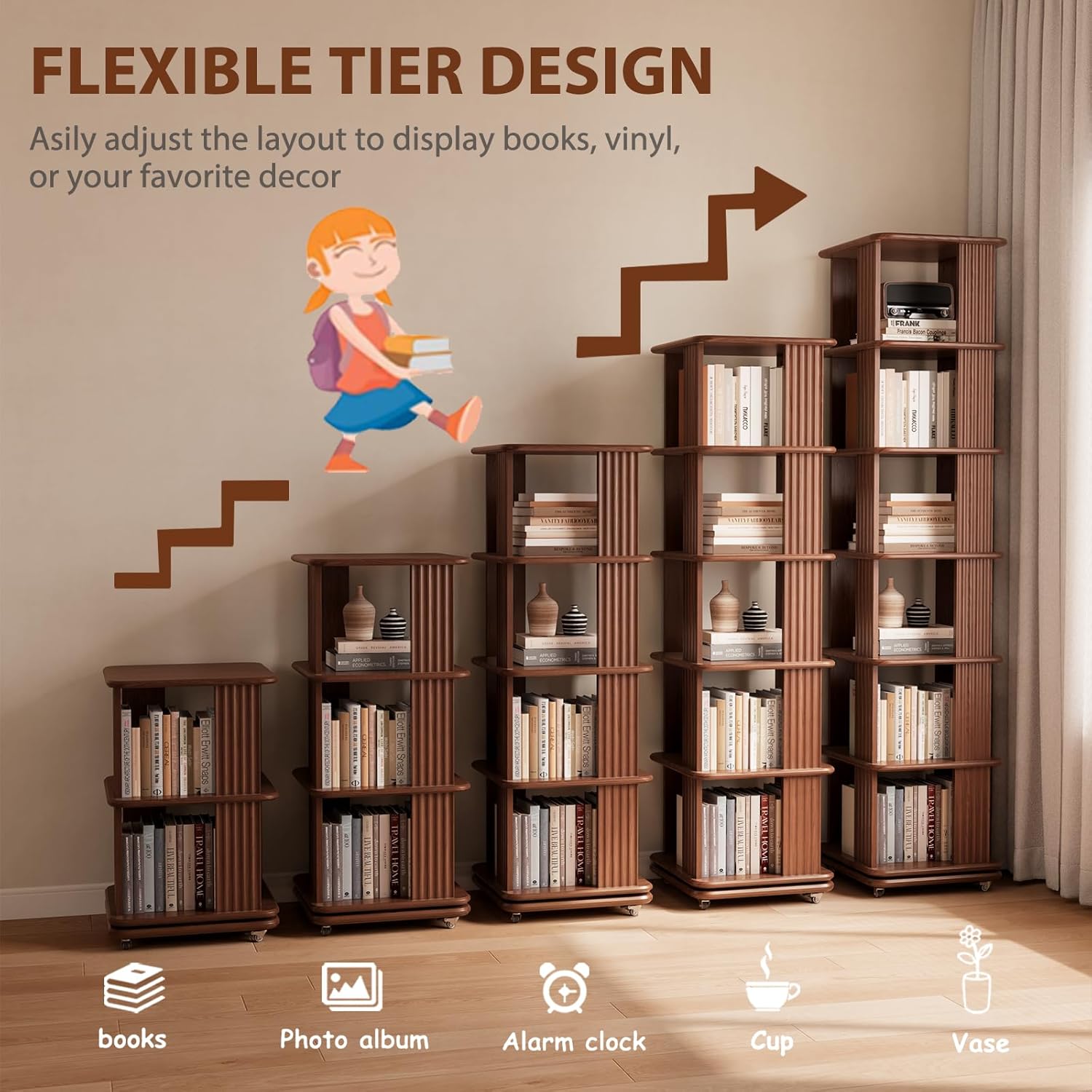 Solid Wood Rotating Bookshelf, 6-Tier Rolling Bookcase .360 Degree Revolving Bookshelf .Spinning Bookshelf Tower for Small Spaces, Bedroom .Office .Living Room .Classroom (Walnut)