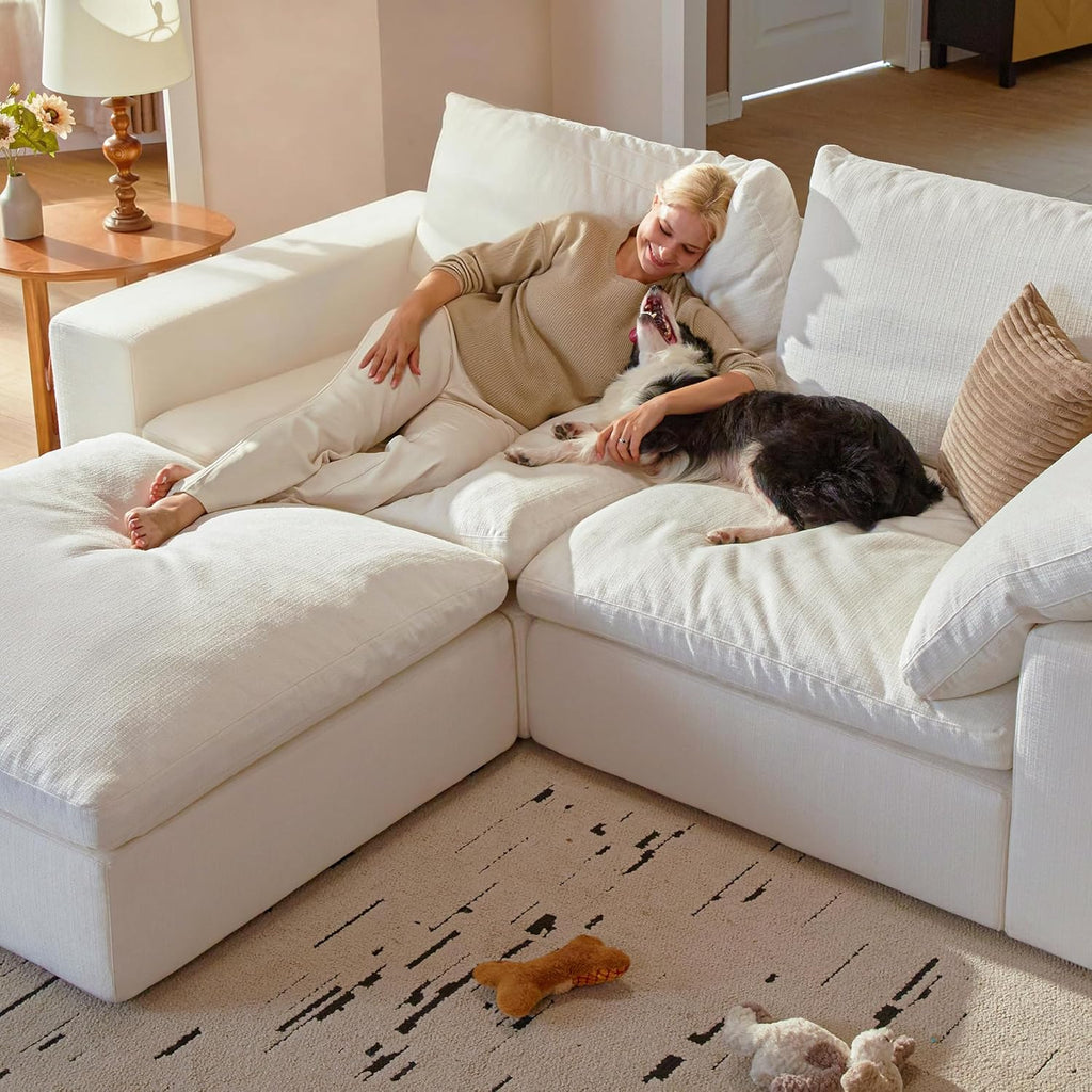 Cloud Couch Sectional 113.8'' Oversized Modular Deep Seat Sofa L Shaped Comfy White Cloud Couch with Washable Cover for Living Room 3 Seater with 1 Ottoman