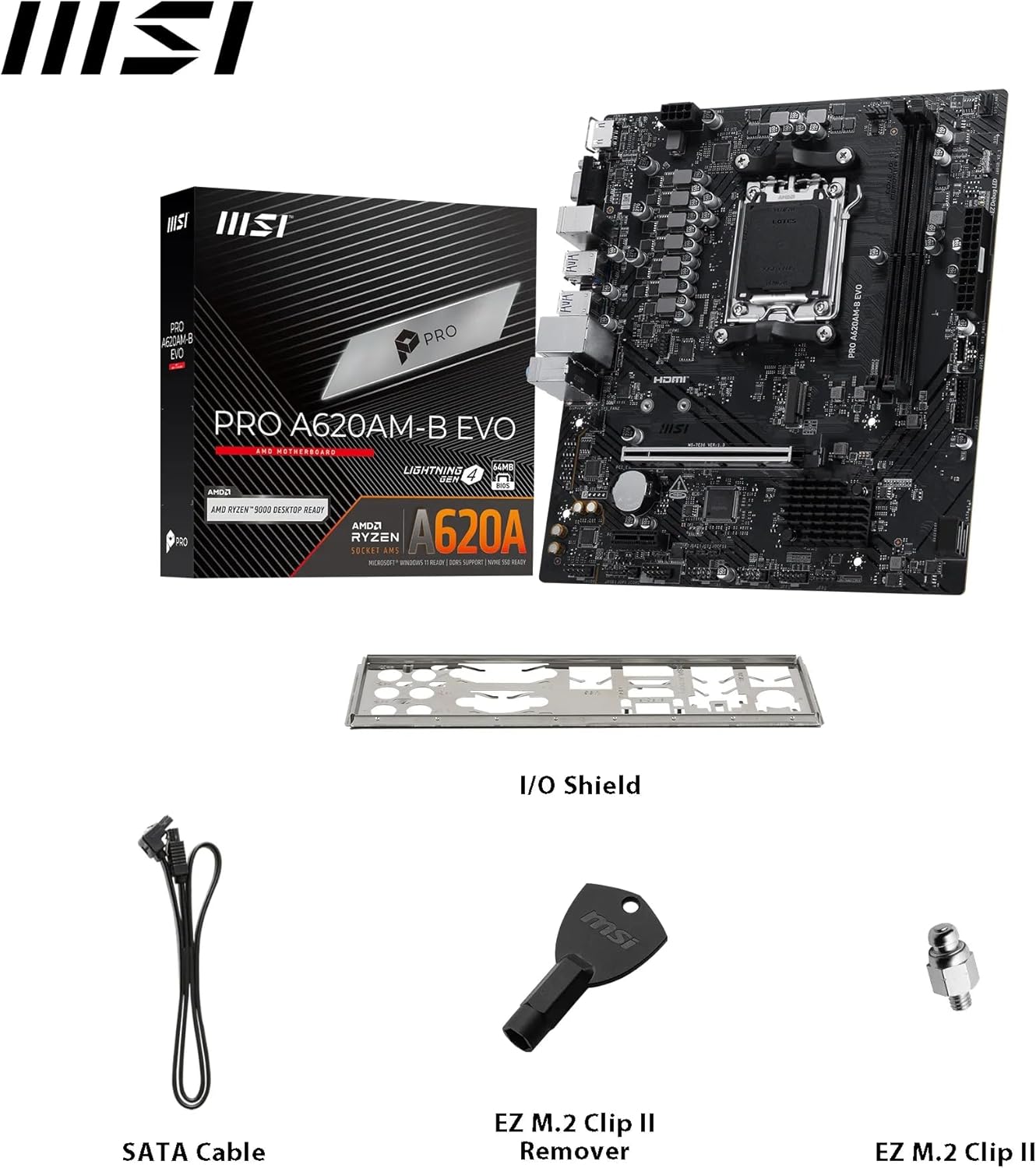 MSI PRO A620AM-B EVO Motherboard, Micro-ATX - Supports AMD Ryzen 9000/8000 / 7000 Processors, AM5 - DDR5 Memory Boost (6800+ MT/s OC), 1 x PCIe 4.0 x16, 1 x M.2 Gen4