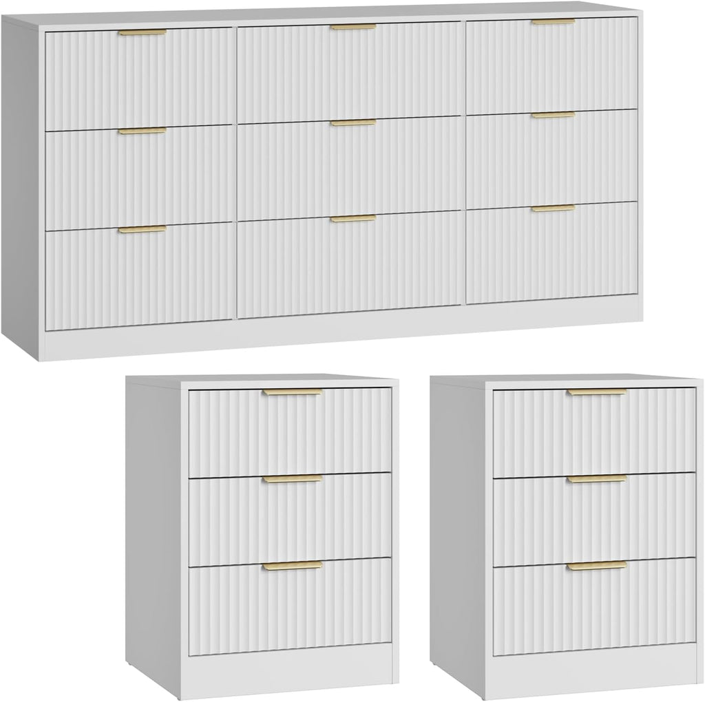 9 Drawer Fluted Dresser & Nightstand Set 3-Piece, 63” Long Dresser and Night Stand Set of 2, Fluted Modern Wood Chest of Drawers Storage Dressers Set for Bedroom, White