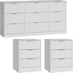 9 Drawer Fluted Dresser & Nightstand Set 3-Piece, 63” Long Dresser and Night Stand Set of 2, Fluted Modern Wood Chest of Drawers Storage Dressers Set for Bedroom, White