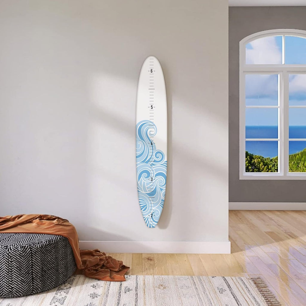 Headwaters Studio Surf Board Growth Chart - Wooden Surfboard Decor Small Surfboard Baby Growth Chart for Wall Grow Chart Baby Wall Growth Chart Baby Measuring Board - White w/Blue Wave - 57"x10"x1/4"