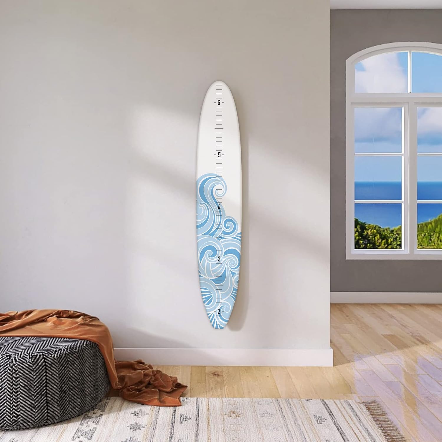 Headwaters Studio Surf Board Growth Chart - Wooden Surfboard Decor Small Surfboard Baby Growth Chart for Wall Grow Chart Baby Wall Growth Chart Baby Measuring Board - White w/Blue Wave - 57"x10"x1/4"
