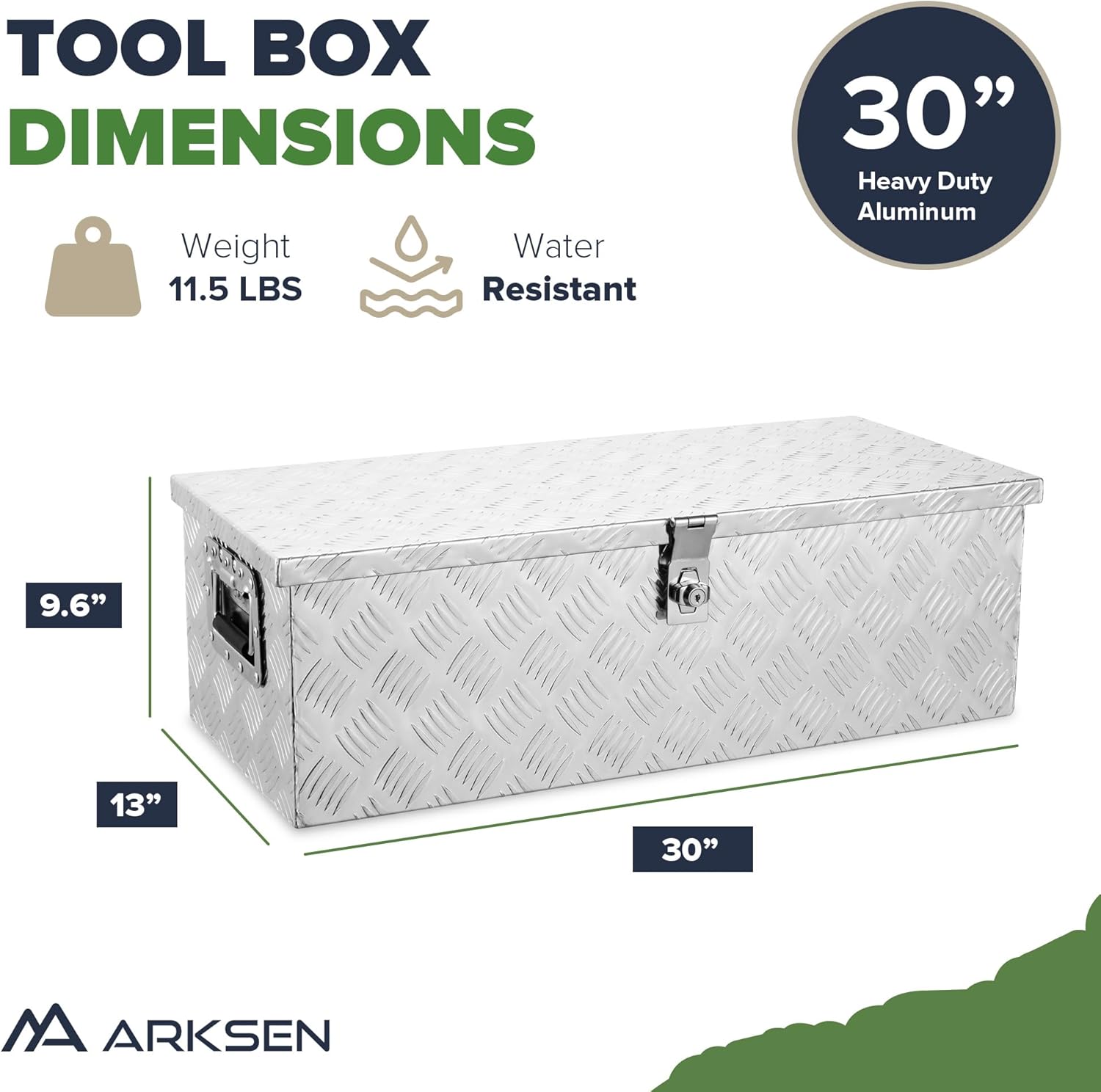 ARKSEN 30" Heavy Duty Aluminum Truck Bed Tool Box, 5-Bar Tread Plate Pickup Truck Storage Toolbox with Side Handles, Lock & 2 Keys, Weather Resistant Tool Chest for Truck, RV, Trailer - Silver