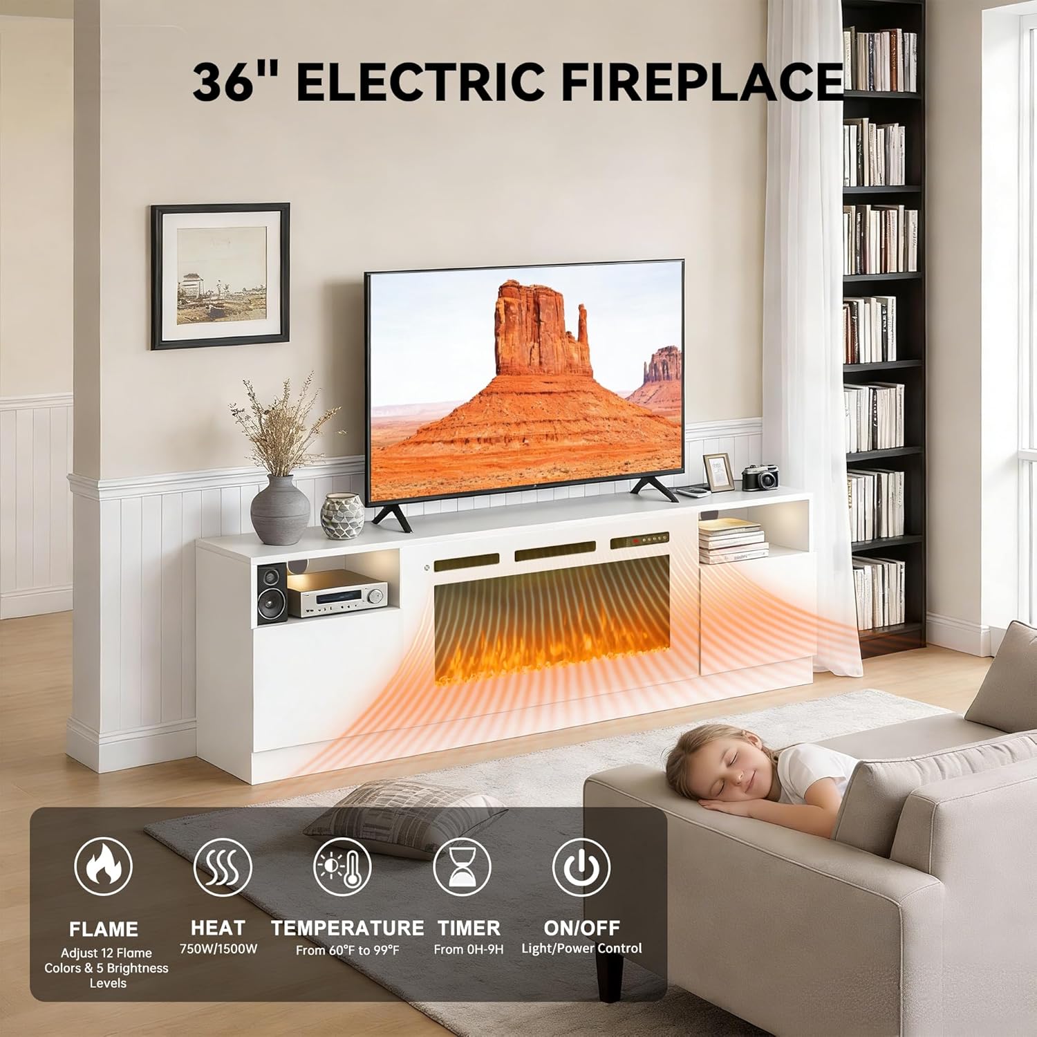 70" Fireplace TV Stand, LED Light Entertainment Center for TVs Up to 80", High-Gloss Door, Modern TV Console for Living Room with Storage Cabinet, White+White