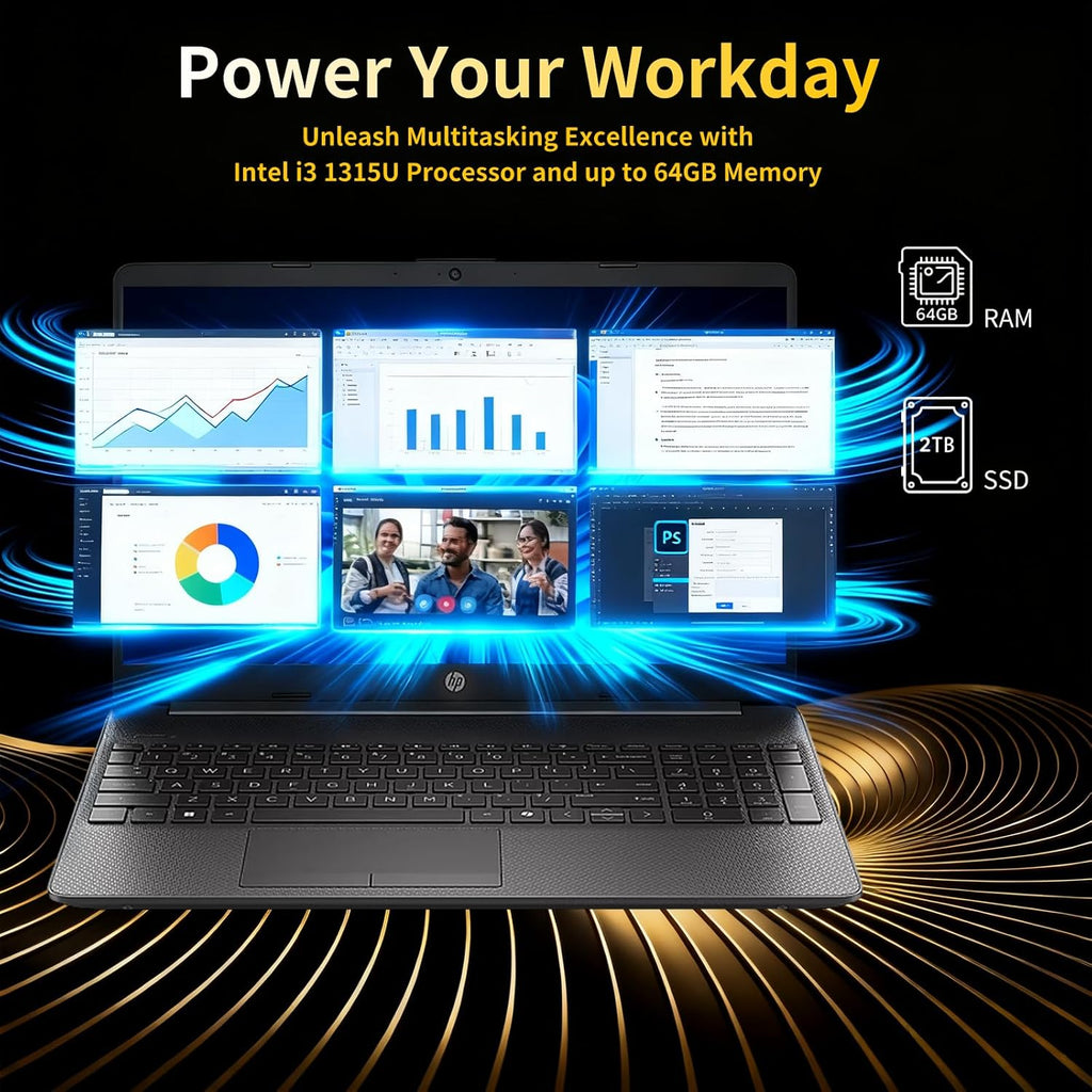 HP 250G-Series Premium Business Laptop - 32GB RAM  1TB SSD  15.6" Full HD Display • 13th Gen Intel i3-1315U CPU (Up to 4.5Ghz)  Numeric Keypad  Wi-Fi 6  Win 11 Pro  Camera  with Accessories