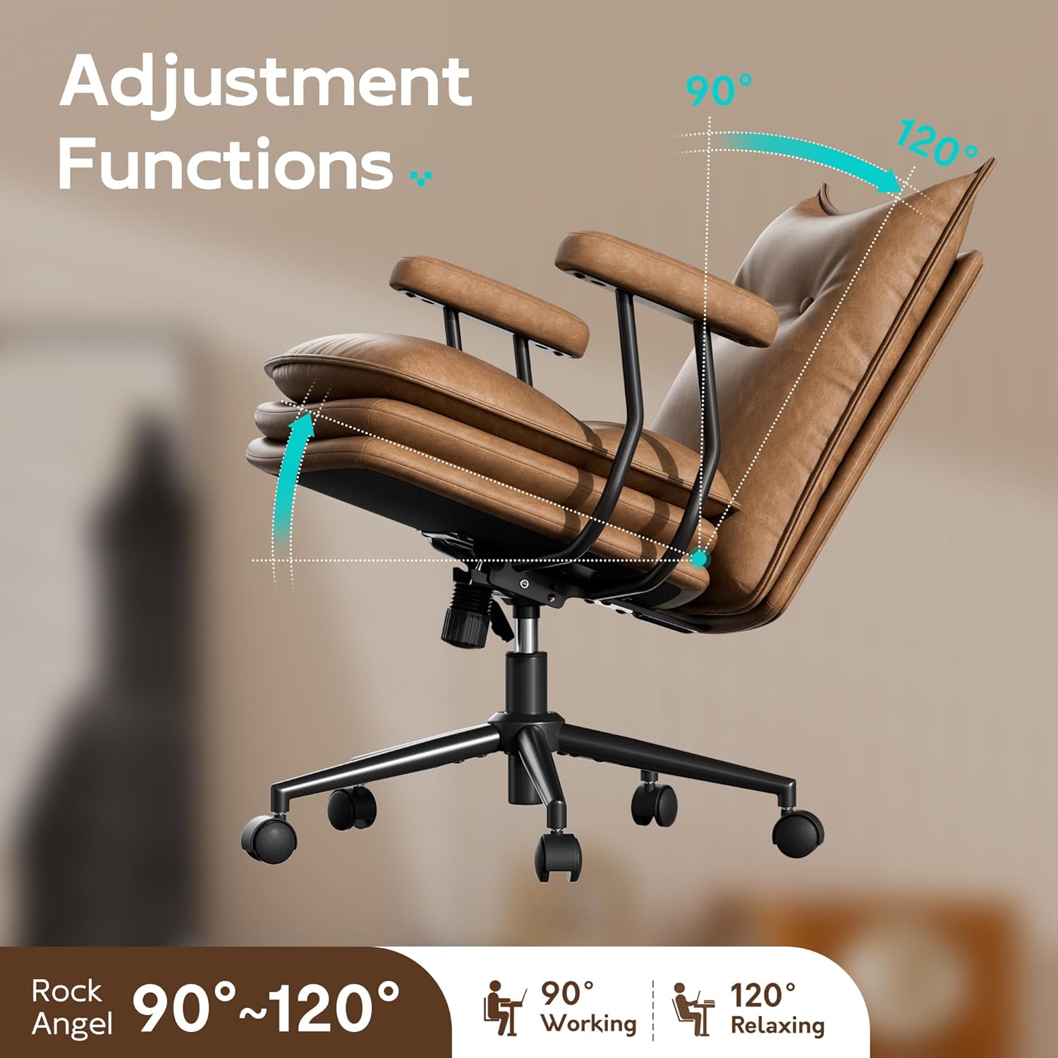 Brown Office Chair with Triple-Layers Thicken Wide Seat, Mid Back Leather Desk Chair with Wheels and Arms, Mid-Century Modern Computer Chair for Home Office